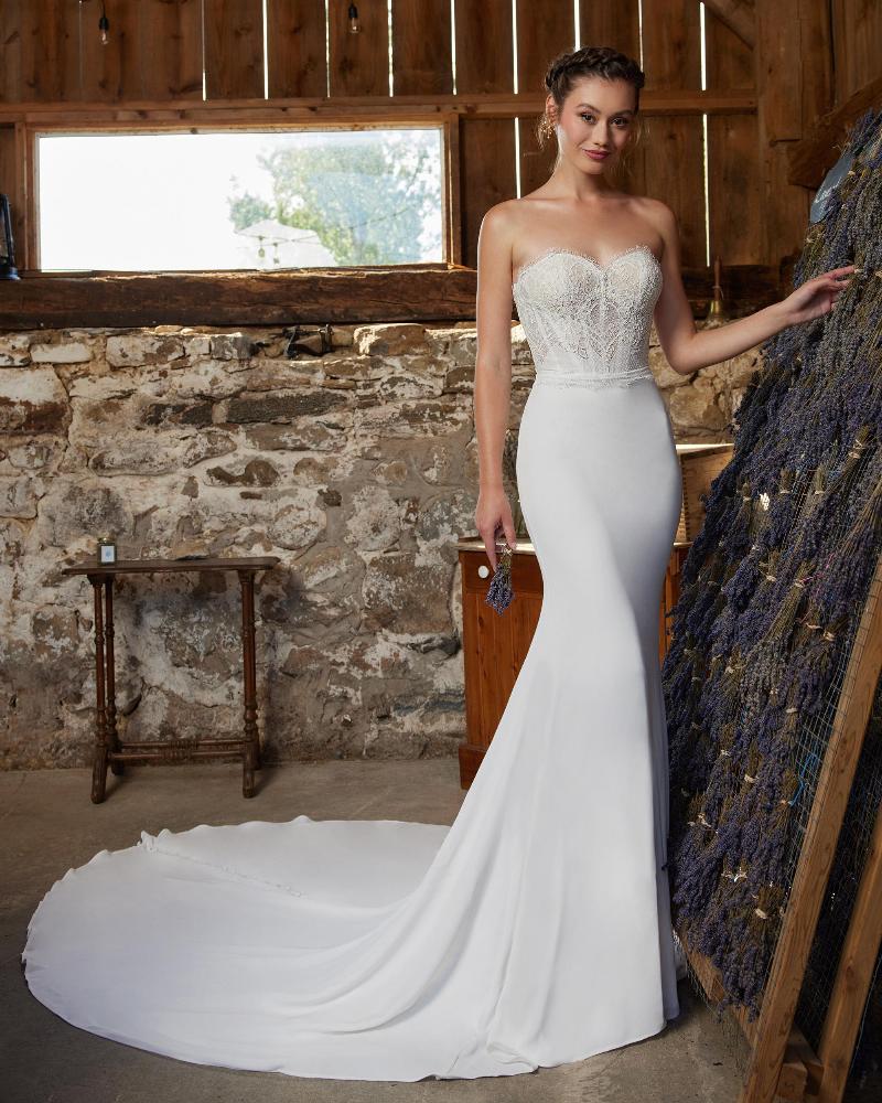 Lp2213 simple strapless wedding dress with lace and removable long sleeve jacket1